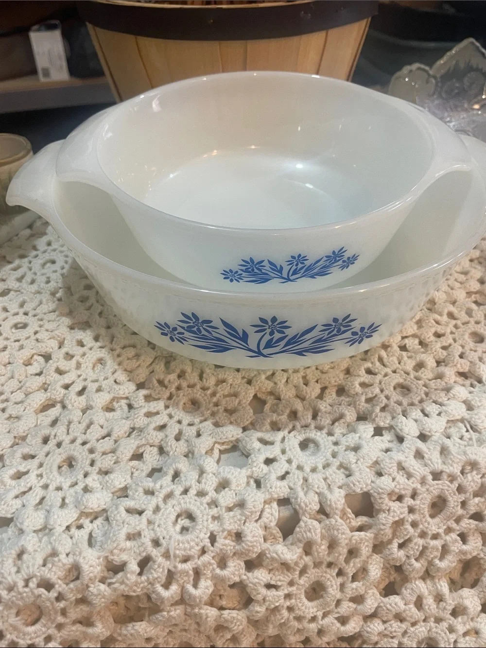 Fire King White Milk Glass Mixing Bowls with Blue Floral Bands